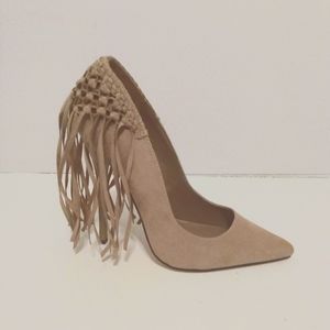 Privileged Shoes Tipsy Tan Faux Suede Fringe 5" Heels sz 10